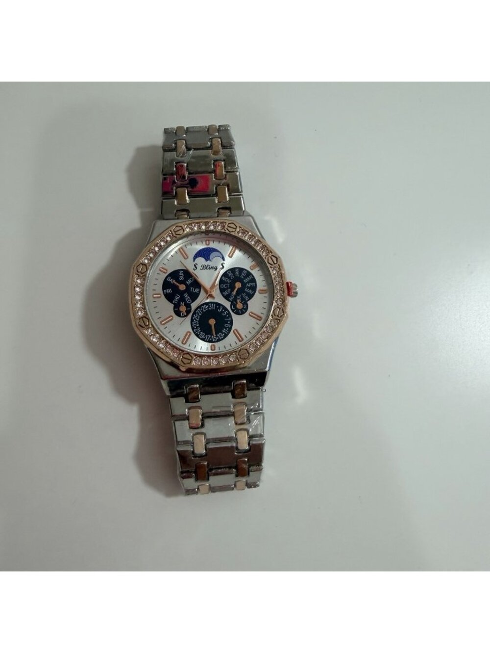 Bling Mens Silver 6 Hand Movement Analog Wristwatch Rose Gold Rhinestone Details